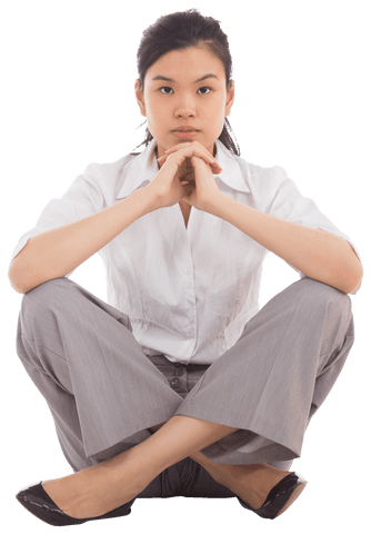 Transparent Confident Businesswoman Sitting Cross Legged in Office Attire