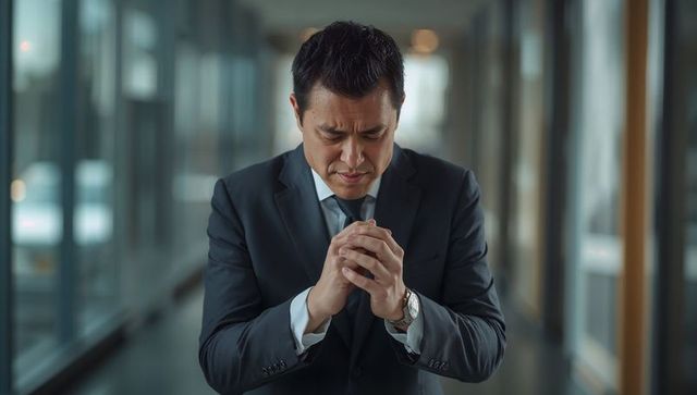 Asian executive contemplating decision while clasping hands in modern office corridor