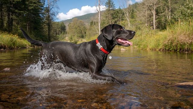 Labrador splashing through forest stream with scenic mountain view