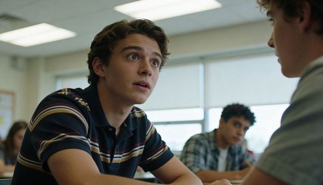 Teen leaning and listening to peer in sunlit classroom, striped polo, student interaction