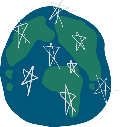 Transparent art globe with green landmasses and stars