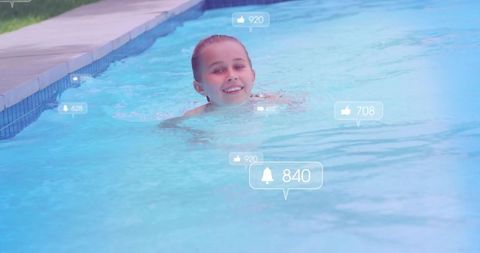 Smiling girl swimming in backyard pool displaying floating social media likes and alerts