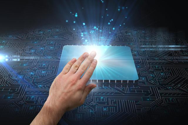 Hand interacting with glowing digital interface on circuit board, symbolizing touch screen technology and future innovations. Ideal for tech-related articles, blogs, advertisements, websites emphasizing modern technology, and presentations on futuristic digital advancements.