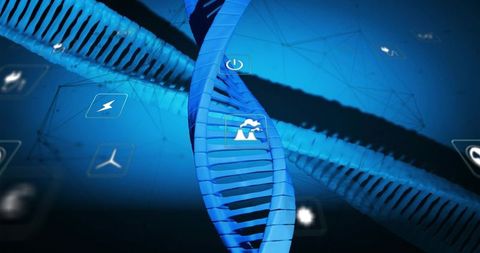 Glowing blue dna double helix integrating floating tech icons and network interface