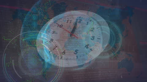 Digital Clock Animation Glowing Over Rotating Globe