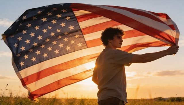 Young man waving american flag at golden sunset in wildflower meadow, patriotic silhouette