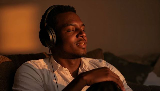 Man relaxing on sofa listening to music with over-ear headphones in warm amber light