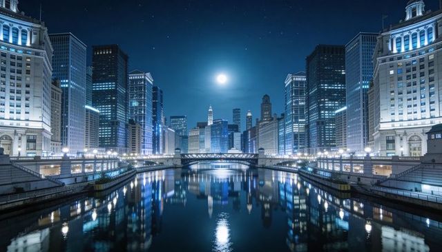 Moonlit urban river reflecting city lights with arched bridge and modern skyline