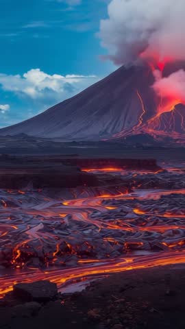 Vertical video capturing erupting volcano with ash plume and glowing lava flows across volcanic plai