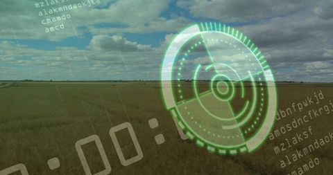 Augmented reality green radar overlay scanning farmland with translucent digital timer and code