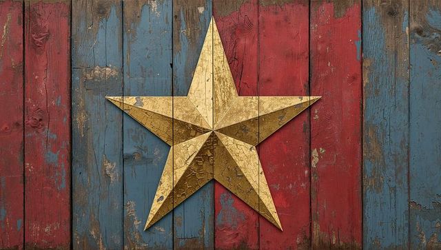 Gold star on distressed red and blue wooden wall background