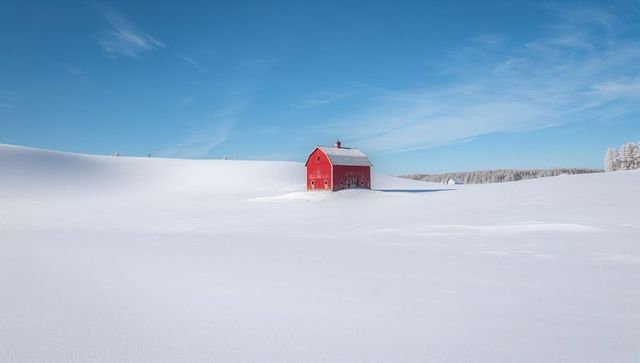 Red Barn Standing Alone on Snow-Covered Field Under Clear Blue Winter Sky