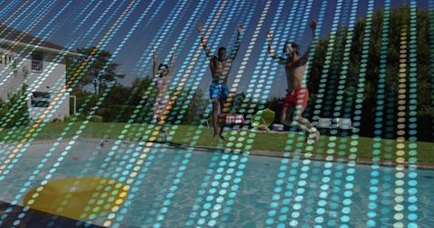 Friends Enjoying Summer Splash Jumping into Pool