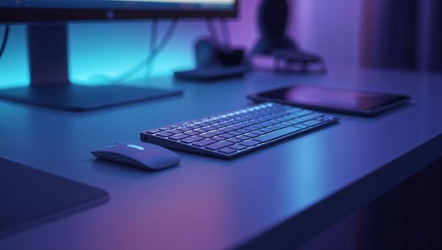 Futuristic workspace with glowing keyboard and modern devices