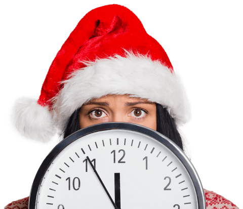 Woman wearing santa hat holding clock midnight deadline transparent concept