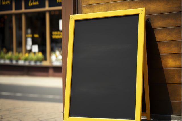 Blank chalkboard sign with a vibrant yellow frame standing outside on a street sidewalk. Ideal for retail stores, restaurants, and cafes to advertise promotions, menus, or special events. High-resolution image suitable for designing marketing materials, online advertisements, or for use in promotional campaigns.