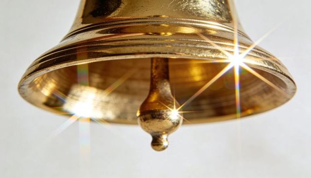 Shining brass bell reflecting star flares and polished ringed texture