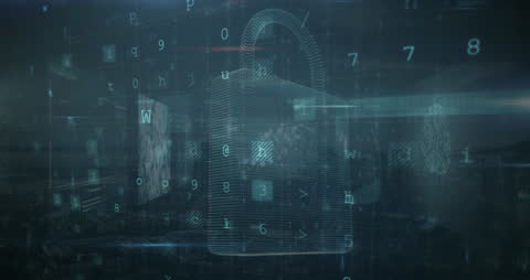Cybersecurity Lock with Digital Data Processing Background
