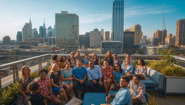 Diverse team smiling on rooftop terrace overlooking urban skyline during golden hour