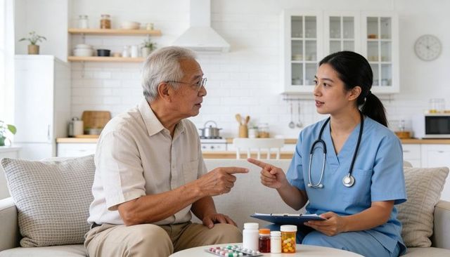 Homecare nurse discussing medication plan with senior man on sofa in bright kitchen