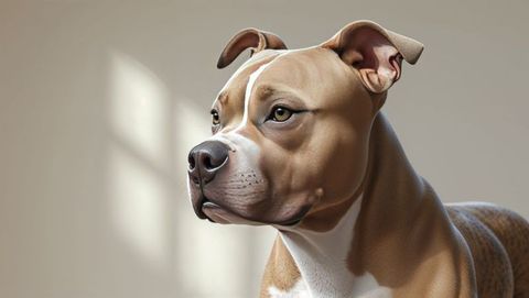 Attentive staffordshire terrier in sunlit studio portrait