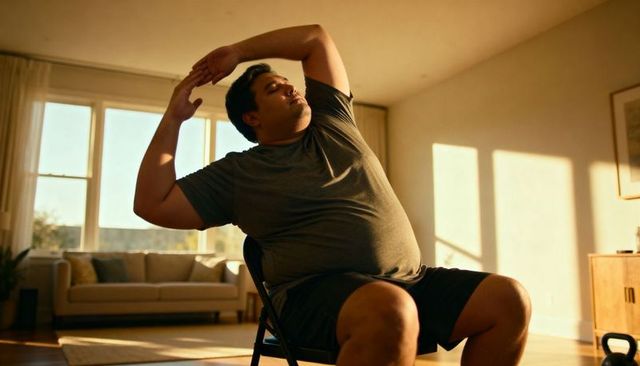 Plus-size man stretching on folding chair in sunlit living room practicing mobility and flexibility