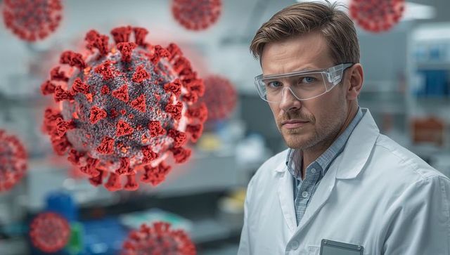 Scientist observing 3d coronavirus model in laboratory
