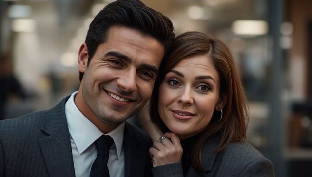 Business couple celebrating engagement in corporate setting