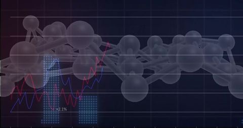 3D Molecular Network with Finance Data Overlay Showing Rising Trend Lines +2.1%