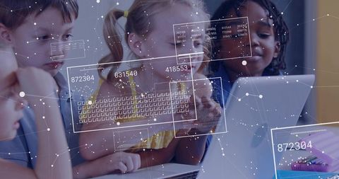Diverse children collaborating on laptop with futuristic data overlays for STEM learning