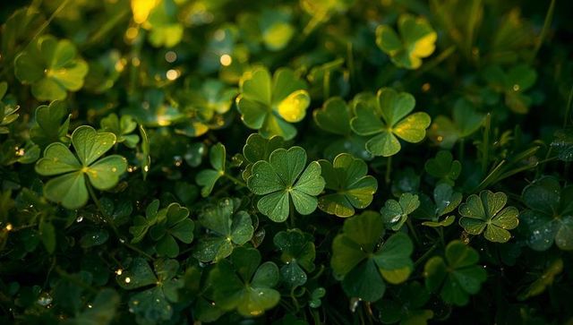 Sunlit clover with dew droplets featuring rare four-leaf clover in lush green groundcover