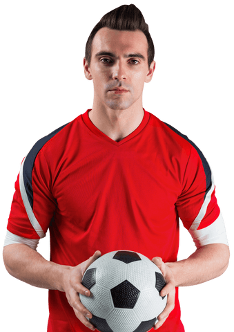 Confident Soccer Player in Red Jersey Holding Ball Transparent Background