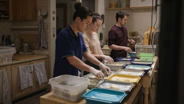 Community volunteers packing healthy meal trays in home kitchen for food distribution