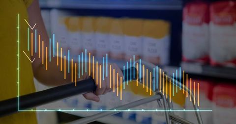 Retail shopper pushing cart with colorful data overlay visualizing consumer spending trends