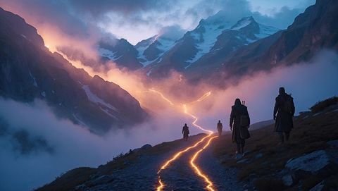 Hikers Climbing Mountain with Glowing Path at Dawn