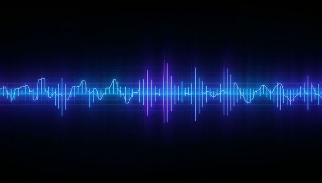 Pulsing neon audio waveform of vibrant blue and purple bars