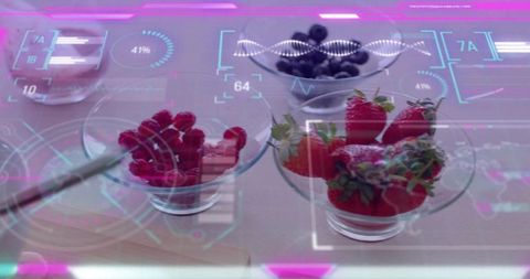 Futuristic hud overlay showing fresh berries in glass bowls on kitchen counter