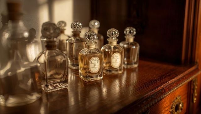 Antique Crystal Perfume Bottles on Wooden Dresser Reflecting Warm Golden Light