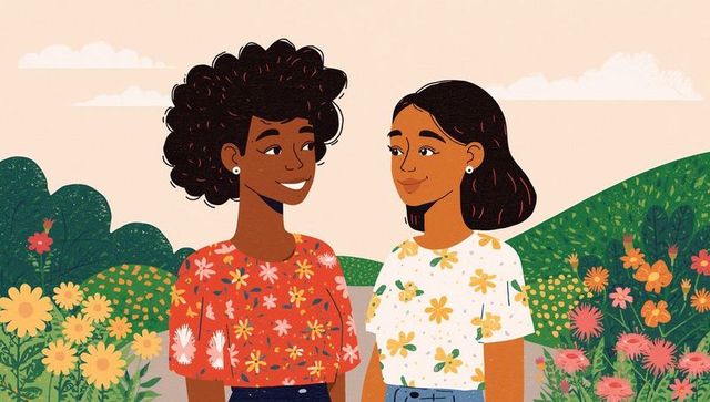 Two Women Smiling in Blooming Garden Embracing Nature