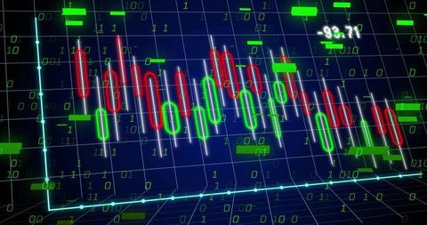 Futuristic neon candlestick trading chart displaying binary data overlay and glowing grid
