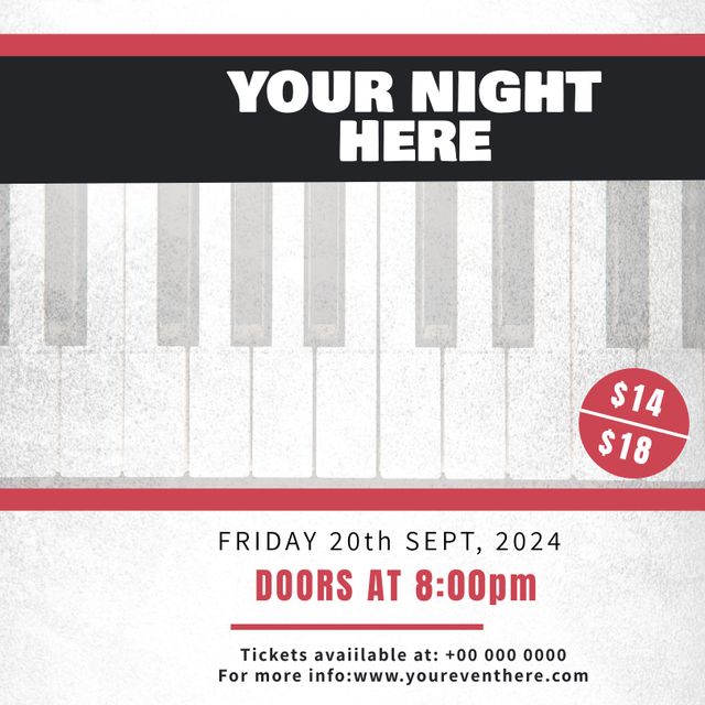 This flyer template features a sophisticated piano keys backdrop and is perfect for promoting music events, concerts, and other fine arts performances. The elegant and classical design evokes a sense of grace and refinement, making it suitable for a wide range of musical performances such as classical, jazz, and live evening shows. Use it to announce event dates, ticket prices, and other essential details, ensuring that your event stands out. Ideal for orchestras, music festivals, and upscale gatherings.