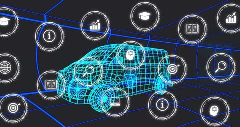 Neon wireframe car hologram with circular data icons virtual dashboard visualization