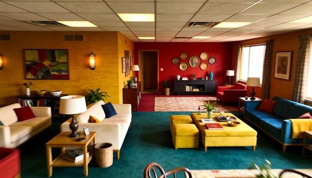 Midcentury lounge showcasing central yellow ottomans and teal sofa with mustard accents