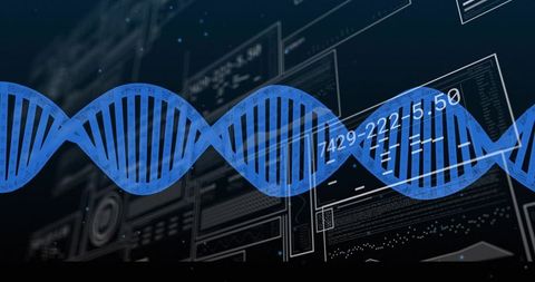 Blue dna double helix sliding across virtual lab dashboard with numeric data overlays