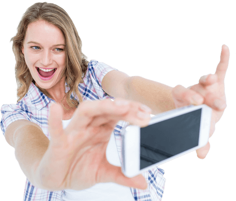 Cheerful Young Woman in Plaid Shirt Taking Selfie Transparent