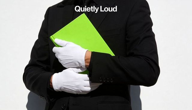 Formal figure wearing black suit and white gloves holding lime green book on white wall