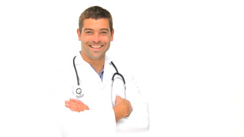 Professional Doctor Smiling with Stethoscope on White Background