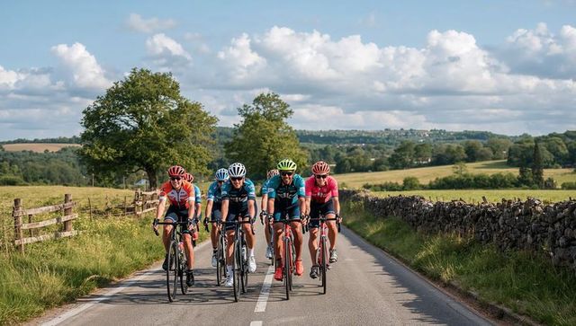 Cyclists riding paceline on scenic country road with rolling fields, teamwork, helmets