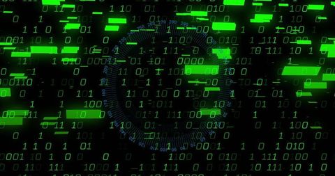 Streaming green binary code and neon hud bars across dark futuristic virtual data interface