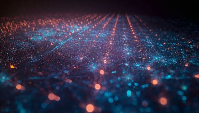 Futuristic Digital Network with Glowing Blue and Orange Nodes